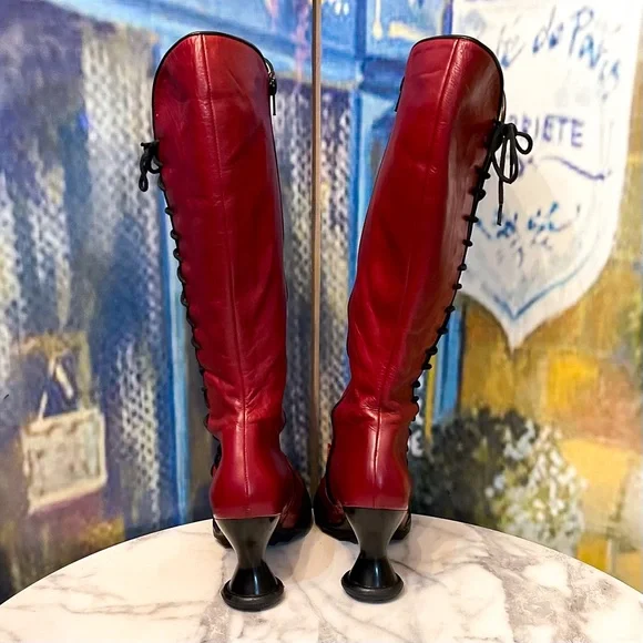 John Fluevog Mini Sugar Knee-High Lace-Up Boots Wine Black 9 GUC - Picture 10 of 11